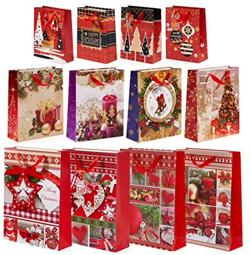 THE TWIDDLERS 12 Weihnachtspapiertüten, Premium Geschenktüten Set mit Henkel, 2 Größen (24x18cm & 32x26cm) Weihnachtsmotive im Aquarell-Design - Je 6 Stück pro Größe, Papiertüten für Weihnachten