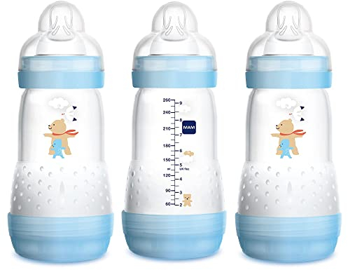MAM Easy Start Anti-Colic Bottle 9 oz (3-Count), Baby Essentials, Medium Flow Bottles with Silicone Nipple, Baby Bottles for Baby Boy, Designs May Vary