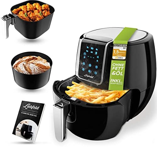 Liebfeld Heißluftfritteuse XXL (5,3L) - 1800W Airfryer Heißluft Fritöse Friteuse - Abnehmen durch Kochen ohne Fett & Öl - Inkl. Heissluft Air Fryer, Frittierkorb, Backform