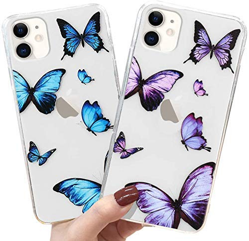 LLZ.COQUE 2 Pack Hülle für iPhone 11 Handyhülle Schmetterling Klar Schutzhülle Transparent Butterfly Case Backcover Schmetterling Hülle für iPhone 11 Blau&Lila