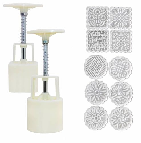 Accfore Paquete de 2 prensas de moldes para tartas de luna con 10 sellos, herramientas de decoración de flores redondas y cuadradas, para hornear pasteles de luna, bricolaje