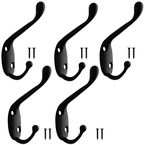 Lanzn 5 PCS Coat Hooks Black Metal Clothes Hooks Vintage Wall Hooks Heavy Duty Dual Coat Hooks Wall Mounted Coat Rack Retro Hat Hooks with 10 Screws for Kitchen Bathroom Bedroom Wall Door Wood Rail