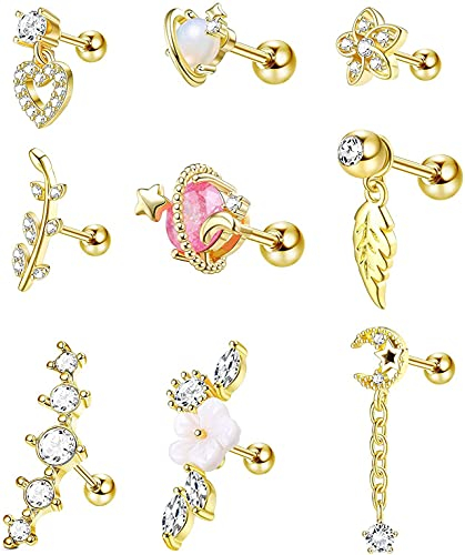 CASSIECA 9 Stück 16G Ohr Piercing Set Gold Helix Tragus Ohrringe für Frauen - Chirurgenstahl Schmetterling Blume Knorpel Ohrstecker