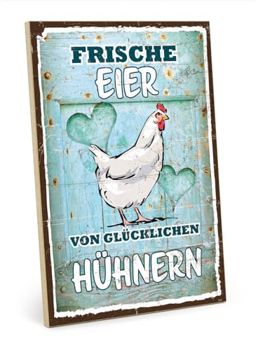 TypeStoff Holzschild mit Spruch – glückliche Hühner – im Vintage-Look mit Zitat als Geschenk und Dekoration zum Thema Eier und Bauernhof - HS-00846