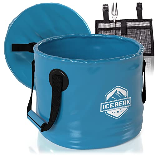 Iceberk Seau Pliable 20L avec Couvercle et Sac en Filet - Portable, Étanche et Robuste pour l'Extérieur | Peu Encombrant pour Lavage et Stockage en PVC | Idéal pour Le Camping