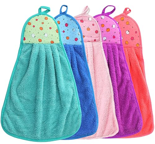 XFLYP 5 Stück Handtuch für die Küche zum Aufhängen mit Schlaufen, Weiche Koralle, Absorbent Super Weich Waschlappen mit Aufhängeöse Geeignet, für Küche und Bad, (42x26cm)