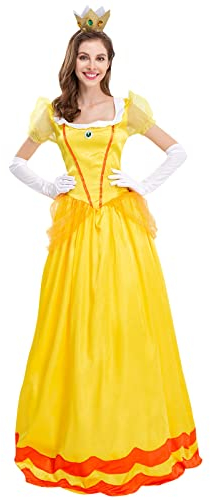 Peach Kostüm Damen Prinzessin Party Erwachsene Frauen Kostüm Puffärmel Lang Abendkleid + Handschuhe + Krone 3tlg Fee Outfit Halloween Weihnachten Karneval Cosplay Faschingskostüme Gelb L