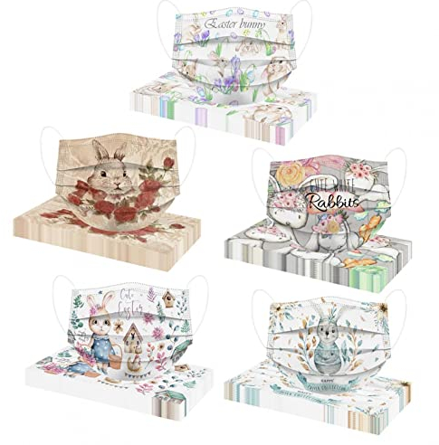 Generisch 50 Stück 𝙊𝙥 𝙈𝙖𝙨𝙠𝙚𝙣 Erwachsene Einweg Mundschutz mit Motiv Ostern Bunt MNS Mund Nasenschutz Osterhase Druck Tücher Atmungsaktiv Mund-Nasen-Schutz Bandana Halstuch Schals