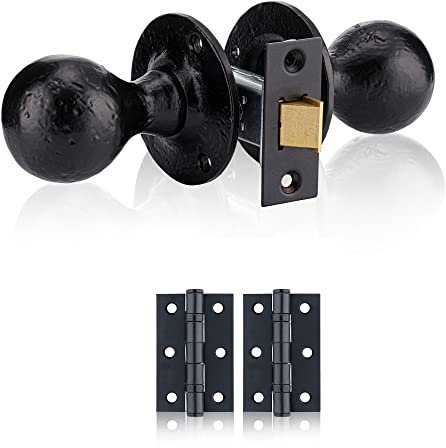 XFORT Smithy's Range Black Antique Ball Shaped Mortice Door Knob Set with 75mm Ball Bearing Hinges and 75mm Tubular Latch, Traditional Door Knob Set for Interior Wooden Doors.