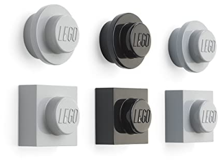 Lego Magnet-Set (6 Stück) - dekorative und Bunte Magnete in Form runder und quadratischer Lego Elemente - ideal für Zeichnungen, Postkarten, Grau und Schwarz