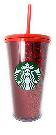Starbucks Gobelet isotherme avec paille - Rouge à paillettes et rouge - 473 ml