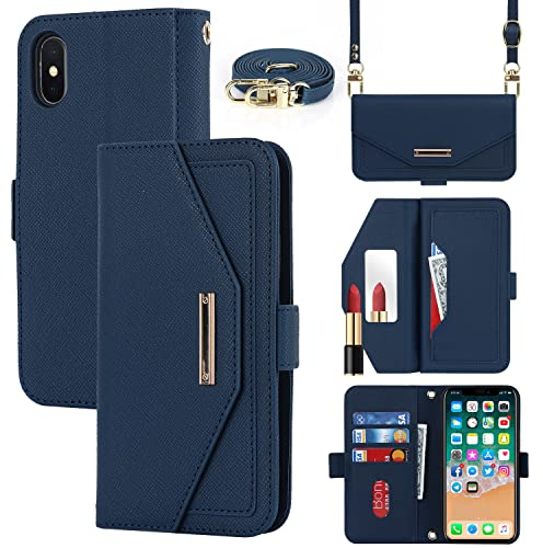 Cavor Coque Compatible avec iPhone X/XS Etui avec Cordon,Flip Portefeuille Étui Cuir,[5 Porte Cartes][Miroir][Magnétique][Réglable Collier] Housse - Bleu