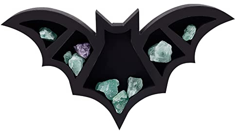 WEBEEDY Fledermaus Kristall Rahmen Holz Wand Schwebende Regale Halloween Deko Halbmond-Regal-Dekor Gothic Wohnkultur zur Präsentation von Kristallen ätherischen Ölen Sukkulenten