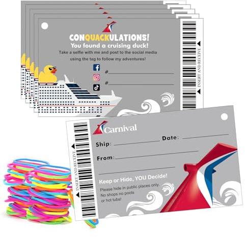 Cruising Rubber Duck Tags, Carnival Cruise Line Gold Sailing Card, Duck Duck Tag, Ducking Game Cards, 50 Pack, 3.7 x 2.2 inches, with Hole and Rubber Bands (Cruise Tags 7FDC211)
