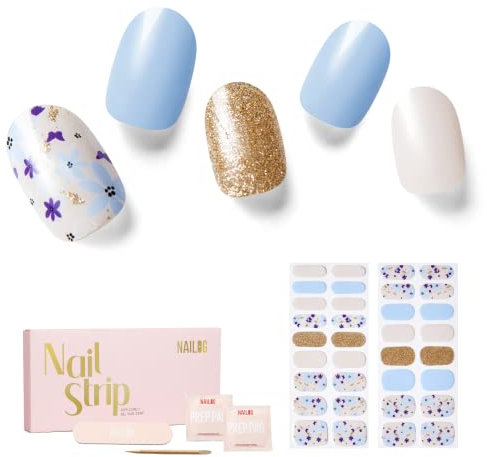 NAILOG Semi-Cured Gel Nail Strips - 34 Pcs Salon-Quality Nail Stickers, Soft Gel Finish, Vintage Print & Silver Glitter, Rooftop Garden Design