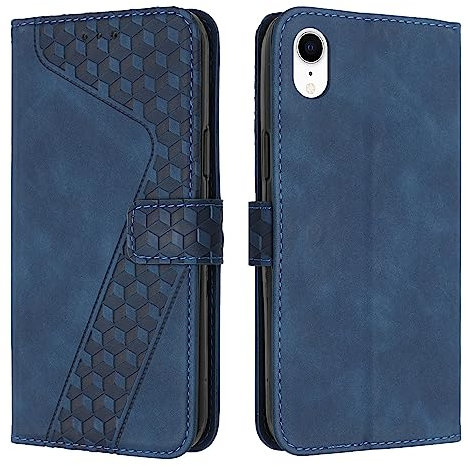 TOHULLE for iPhone XR Case, Premium Leather Wallet Case Card Holder Kickstand Magnetic Closure Plaid Pattern Embossed Design Flip Folio Wallet Cover for iPhone XR - Blue