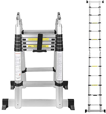 Eulenke Scala telescopica da 3,8 m (1,9 + 1,9 m), antiscivolo, portata 150 kg, scala in alluminio per riparazioni domestiche, scala allungabile, scala pieghevole
