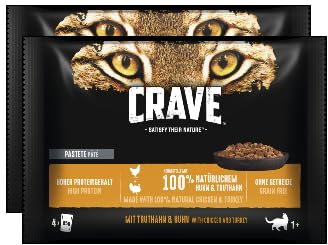 CRAVE Katze Portionsbeutel Multipack Katzenfutter Nassfutter (2x4x 85g, Huhn & Truthahn)