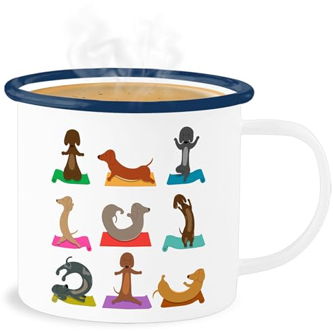 Emaille Becher Blechbecher - Hunde - Tassen - Dackel Yoga Dackel Lustig - 300 ml - Weiß Blau - geschenk für hundebesitzer dackelmotiv tasse hund hundemotiv hundesprüchen hundefan geschenke