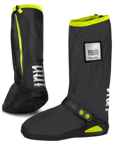 PERLETTI Copriscarpe Impermeabili Nuovo Modello Rinforzato per Moto e Montagna - Copri Scarpe Resistenti Riutilizzabili Antiscivolo - Galosce Anti Pioggia Fango Unisex (M (40/42), Nero e Verde Lime)
