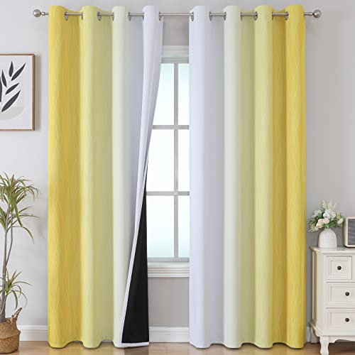 VEHEDE Ombre Blackout Curtains for Living Room 96 Inch Drop, Thermal Wave Curtains for Sliding Door, Noise Reducing Wave Stripe Drapes for Bedroom W52 x L96 Inch, Yellow and Greyish White, 2 Panels