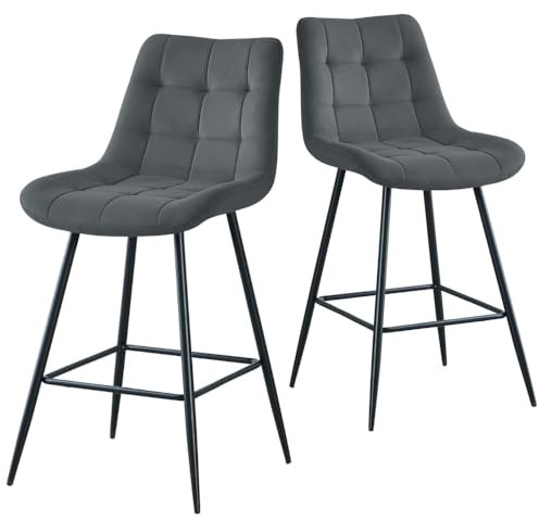 JYMTOM Samt Barhocker 2er Set, Barstühle mit gepolsterten Rückenlehnen und Fußstütze aus Metall, Retro Design Bistrohocker für Bar, Küche, Theke und Bistro (2, Grau)