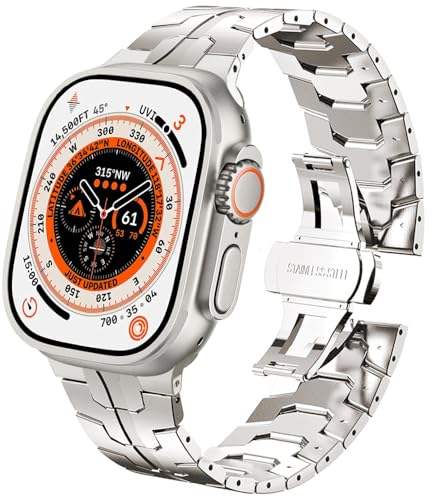 DEALELE Strap Compatible with Apple Watch 49mm 45mm 44mm 42mm, Thin Iron Man Stainless Steel Metal Replacement Bands for iWatch Series 9/8 / 7/6 / 5/4 / 3 / SE/Ultra Women Men, Starlight
