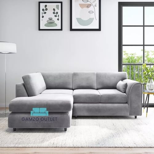 Unique Luxurious Durable Left-Hand Corner Full Back Sofa Plush Velvet Comfy Home Interior Furniture for Spacious & Modern Designer Living Room Bedroom, balcony (Light Grey, Left Hand Corner)