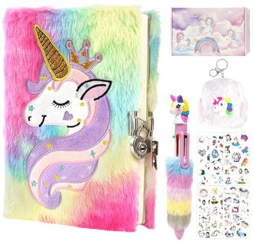 Audasi Unicorn Gifts for Girls Secret Diary with Lock for Girls Fluffy Unicorn Diary Girls Stationary Gift Sets With Lockable Notebook Coin Purse Pen Stickers for Girls birthday Gifts for Girls