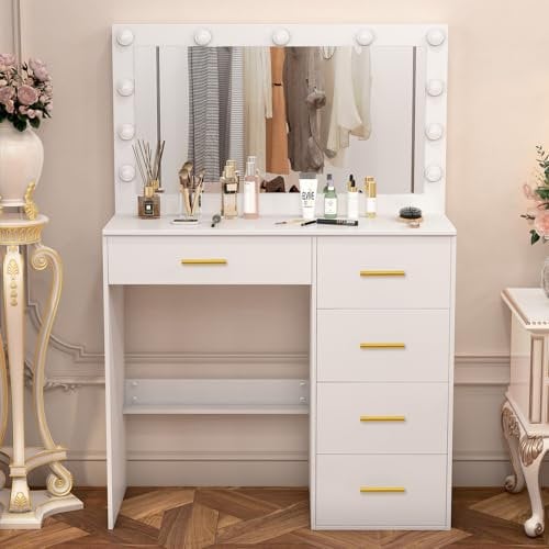 Dressing Table With Big Mirror and with Power Outlet, White Vanity Makeup Table for Girls, Makeup Desk with 5 Drawers for Bedroom, 3 Color Temperatures, Adjustable Brightness, 80x36x130 cm