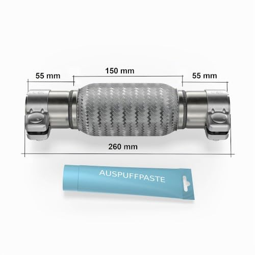 Flexrohr Universal Flexstück Wellrohr Hosenrohr Flexibles Rohr Edelstahl Interlock Ø45 x 150 x 260mm mit 2 Schellen inkl. Auspuff Kitt. Einbau ohne Schweißen