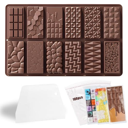 Huahuanghui Moule à chocolat en silicone pour 12 tablettes de chocolat - Moule profond avec grattoir et sac - Moule à chocolat profond - Moule à chocolat extra profond pour chocolat, praline, bonbons