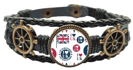 Geflochtenes Lederarmband mit Union Jack I Love UK-Form, M, Metall