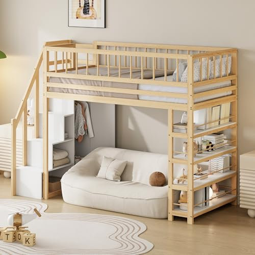 YESGIGA Hochbett 90 x 200, Hochzaun-Sicherheitsdesign mit Kleiderschrank, Regalen und Stauraum mit Sicherheitskletterleiter, Multifunktionsbett, Massivholzbett (Holzfarbe)