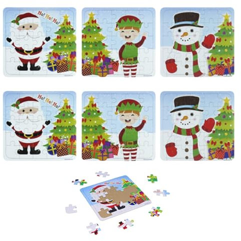 Lizzy 6 x Mini Christmas Jigsaw Puzzle Assorted Designs Santa, Elf, Snowman | Boys Girls XMAS Gift Toys Party Bag Favours, Stocking Fillers, Lucky Dip Prizes & Christmas Eve Boxes