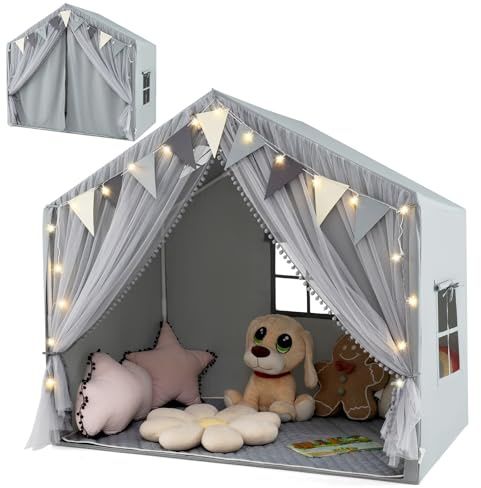 HOMASIS Kinderzelt Indoor, Spielhaus mit Matte & Lichtern & Vorhang & Flaggen, Spielzelt aus Baumwolle, Prinzessin Zelt für Mädchen & Jungen ab 3 Jahren, Kinderspielhaus für Kinderzimmer (Grau)