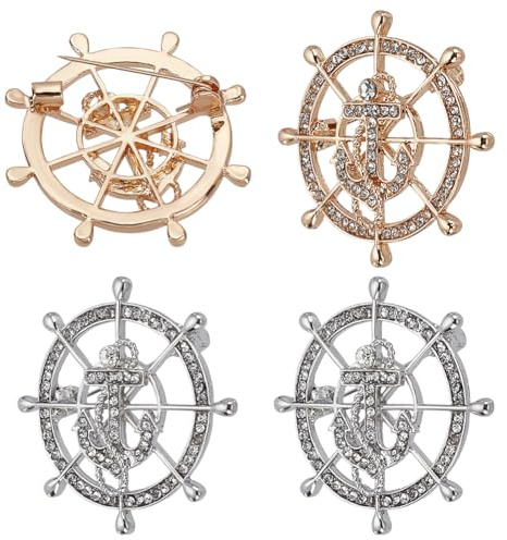 FINGERINSPIRE 4 Stück Bootsanker Ruder Brosche Platin Goldene Zinklegierung Strass Punk Anker Abzeichen Anstecknadeln Für Jacken Mäntel Anzüge Herrenschmuck Brosche Dekor Clip Für Smoking Krawatte