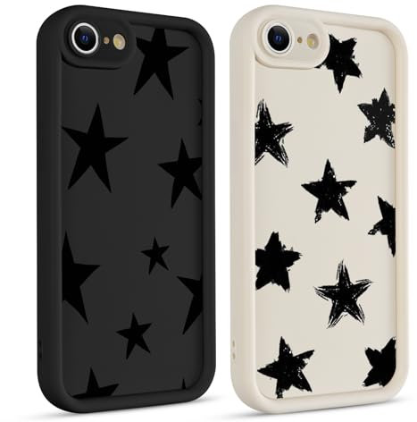 Coiwxmoi 2 Piezas Funda para iPhone 7/8/SE2020/SE2022, Silicona Carcasa con Aesthetic Lindo Estrella Star Dibujos Cover para Mujer Niñas, Antigolpes Cámara Protector Y2K Case para iPhone SE 4,7,Negro