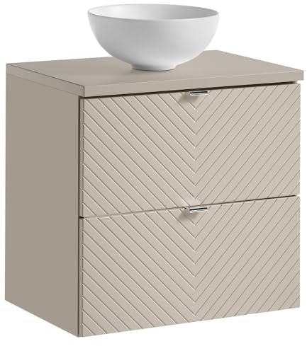 Lomadox Badezimmer Waschtisch 60 cm in Kaschmir, gerillte Front, wandhängend, Keramik-Aufsatzwaschbecken