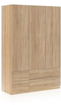 duehome | Armario Ropero 3 Puertas y 4 Cajones, Armario Habitación Dormitorio, Modelo Magan, Medidas: 200 cm (Alto) x 135 cm (Ancho) x 52 cm (Fondo)