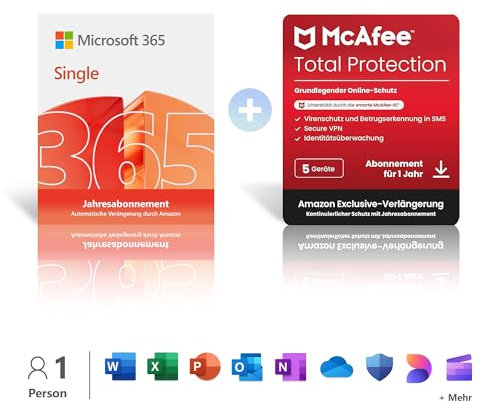 Microsoft 365 Single │ 1 Jahr | 1 Person │ Office Apps mit KI | 1 TB Cloudspeicher | verlängert für 99€ + McAfee Total Protection │ 1 Jahr | 5 Geräte │ verlängert für 108,10€