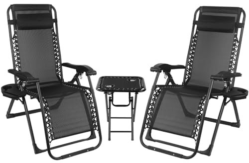 Truevaste Sonnenliege, Klappbar mit Gartenliege Mit 300kg Belastbar, Liegestuhl 3-Teiliges Set, Verstellbarem Rückenteil Strandliege, für Strand Garten Terrasse Balkon Campingliege, Schwarz