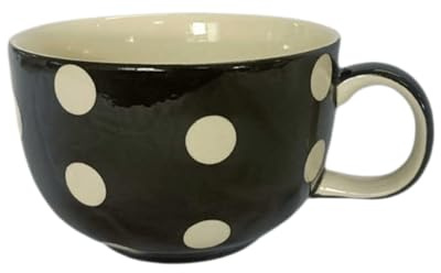 b2see Taza de café grande de cerámica, 500 ml, diseño de lunares, color blanco y negro, hecho a mano (puntos blancos sobre negro)