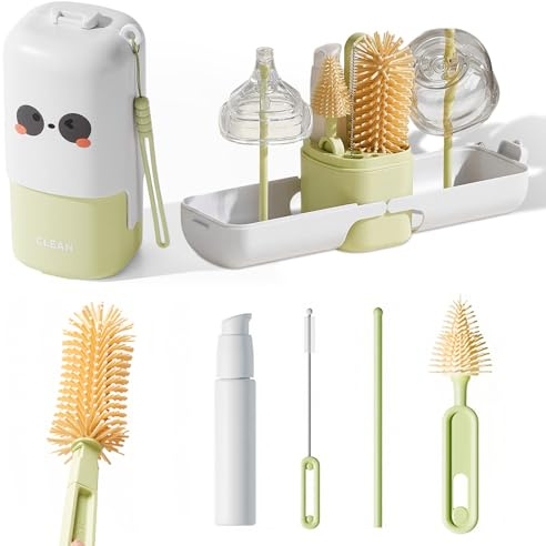 NONENDU 7in1 Travel Bottle Cleaner kit, Baby Essentials Bottle Brush Set, with Bottle Brush, Nipple Brush, Soap Dispenser, Straw Cleaner Brush, Bottle Drying Rack, Drainage Tray, Baby Travel Essential