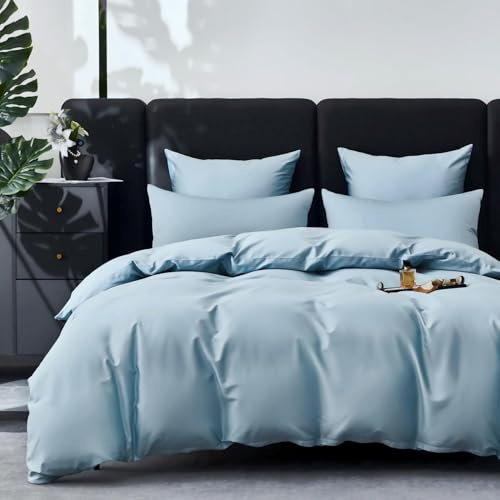 YASMENG Satin Bettwäsche 220x240 Hellblau 100% Langstapelige Baumwolle Kühlend Mako Satin Bettwäsche Weich Seidig Atmungsaktiv Seide Bettbezug Set 3 Teilig mit Reißverschluss und 2 Kissenbezüge 80x80