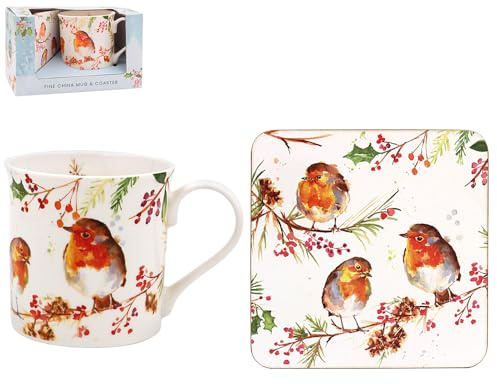 The Leonardo Collection Winter Robins Mug & Coaster for Hot Drinks | Reusable Fine China Coffee Cups for Kitchen & Home | Printed Tea Mugs for Every Occasion | Durable Cup for All Types of Beverages