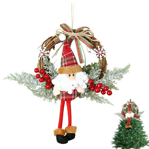 Corona decorativa navideña de 35 cm, adecuada para puertas, ventanas y paredes, artificial de Papá Noel con bayas, copos de nieve y cinta roja, adecuada para decoraciones navideñas
