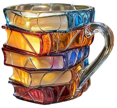 Painted Book Mug, 300ML Stained Glass Book Lovers Coffee Cup, Novelty Books Lover Coffee Mugs with Insulated Handle, 3D Stacked Books Reading Literature Drinking Milk Cups, for Hot & Cold Drinks