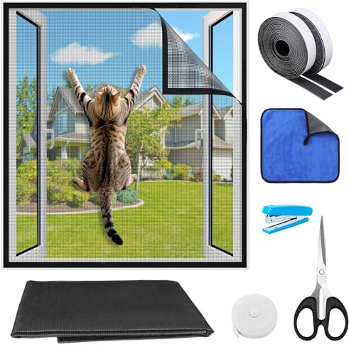 GEEKEO Cat Window Guard Screen, DIY Adjustable Window Fly Screen Mesh for Bugs Insects Pets, Self-Adhesive Cats Proof Window Screen, Cats Window Protection, Indoor Cat Safety Netting Mesh(39x51)