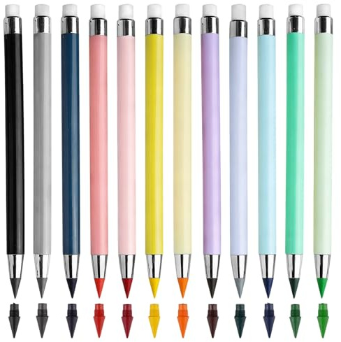 12 Stück Zauberbuntstifte Ohne Anspitzen, Ewiger Bleistift mit Radiergummi | Bleistift Sets mit 12 Stück Ersatzspitzen Kein Anspitzen, Unendliche Buntstifte, für Schüler, Erwachsene, Schule, Büro